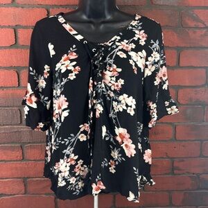 American Eagle Woman's Black Floral Sheer Blouse S/P Tassels Country Cottagecore